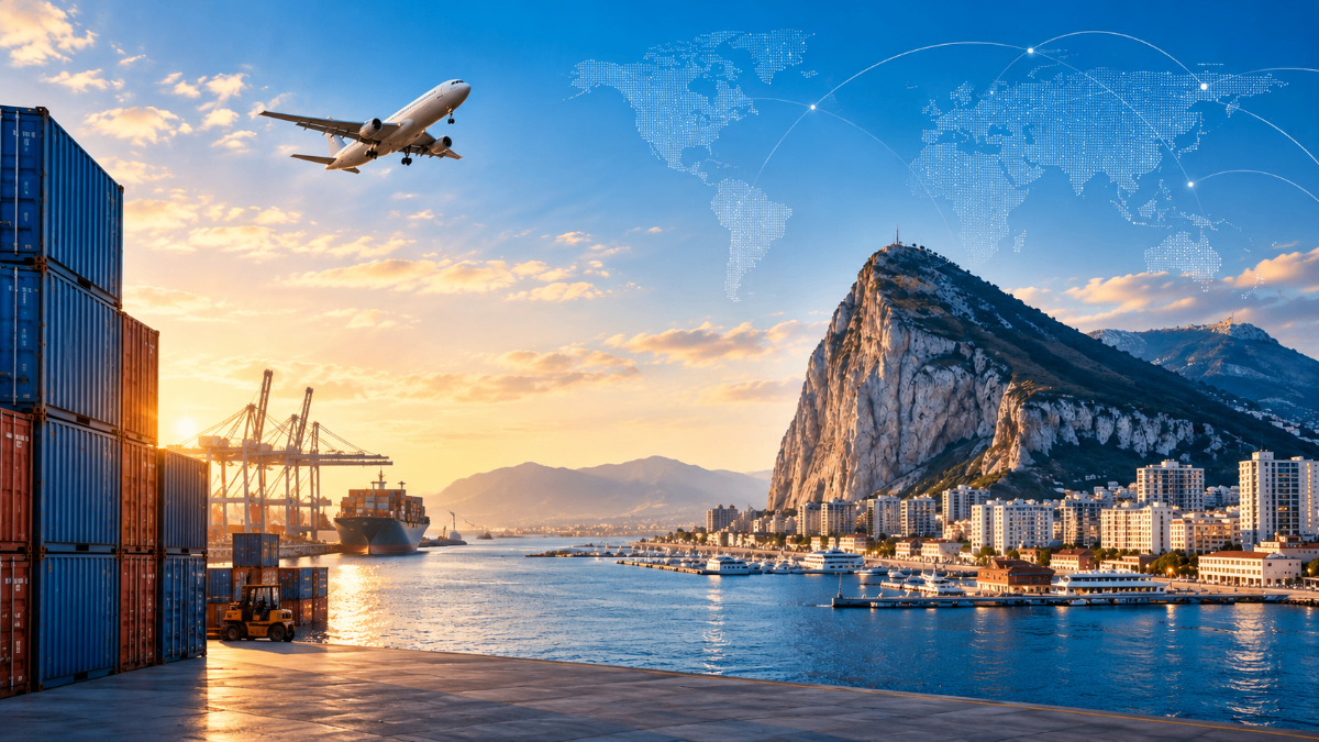 McORven — global sourcing and trade, Gibraltar port with containers and the Rock of Gibraltar, world map network